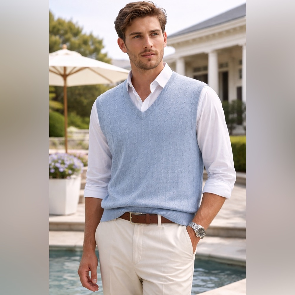Aureus Baby Blue Textured Sweater Vest | Preppy Coastal Layer
